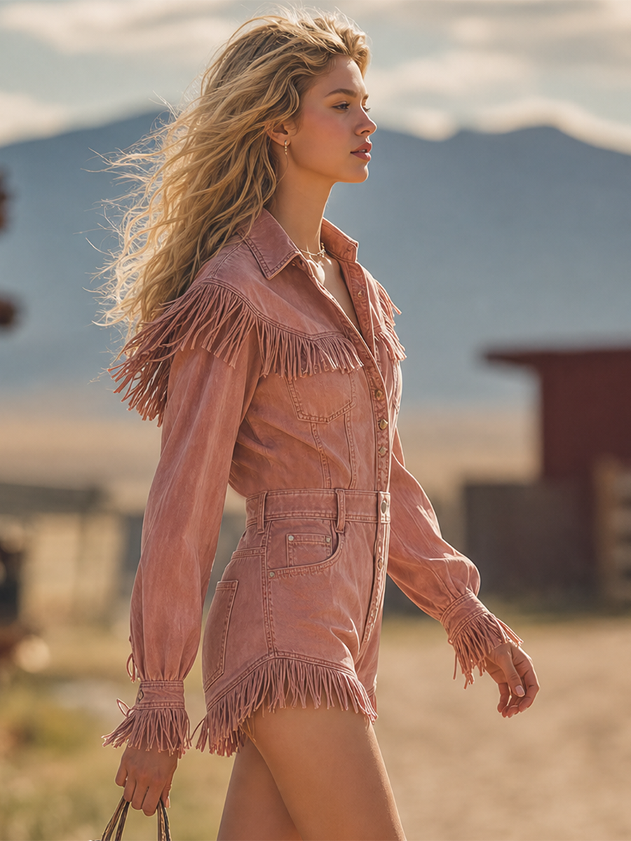 Western Fringe-panel Denim Jumpsuit