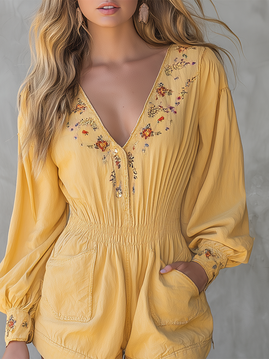 Bohemian Floral-embroidered Jumpsuit