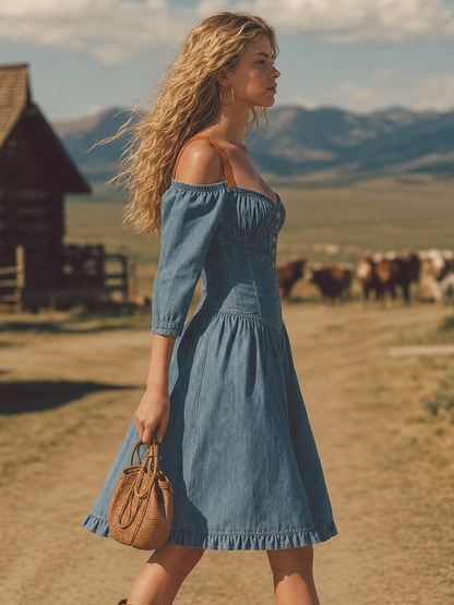 Western Off-the-shoulder Strappy Denim Dress