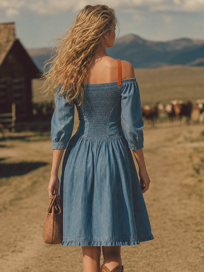 Western Off-the-shoulder Strappy Denim Dress