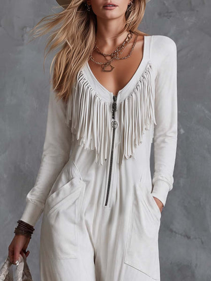 Casual Retro Western V-Neck Long-sleeved And Fringe White Faux Suede Jumpsuit