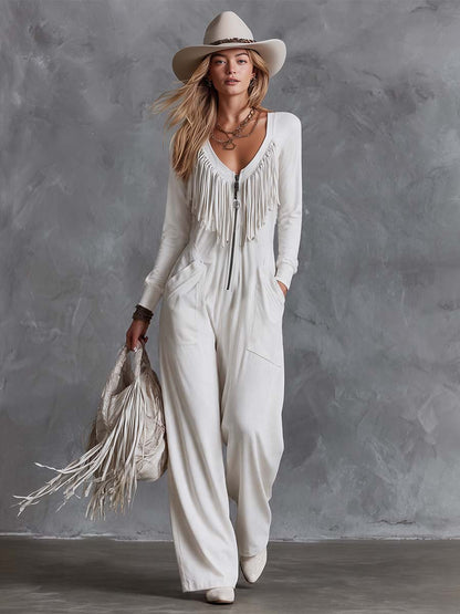 Casual Retro Western V-Neck Long-sleeved And Fringe White Faux Suede Jumpsuit