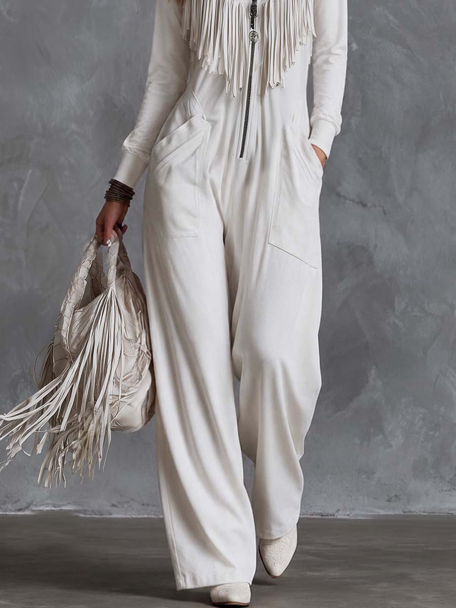 Casual Retro Western V-Neck Long-sleeved And Fringe White Faux Suede Jumpsuit