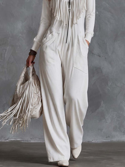 Casual Retro Western V-Neck Long-sleeved And Fringe White Faux Suede Jumpsuit