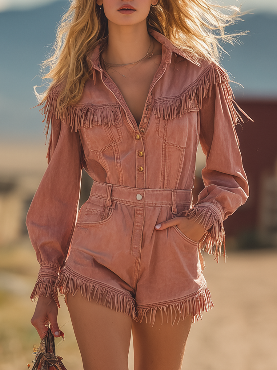 Western Fringe-panel Denim Jumpsuit