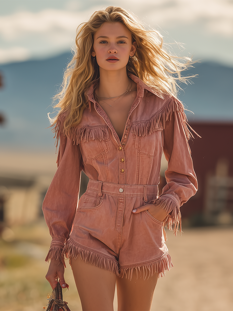 Western Fringe-panel Denim Jumpsuit