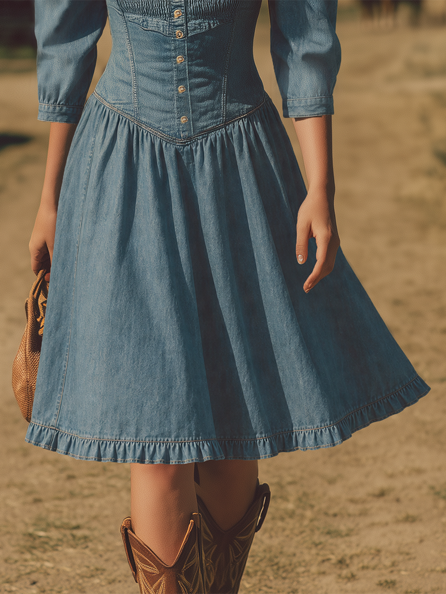 Western Off-the-shoulder Strappy Denim Dress