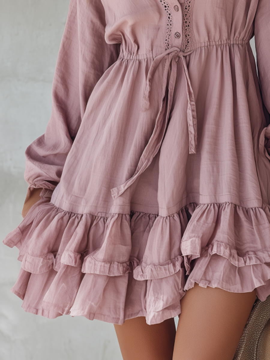Vintage-style Casual Yet Elegant Western-inspired Lace-panel Ruffled Dress