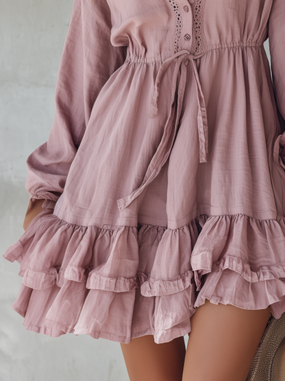 Vintage-style Casual Yet Elegant Western-inspired Lace-panel Ruffled Dress