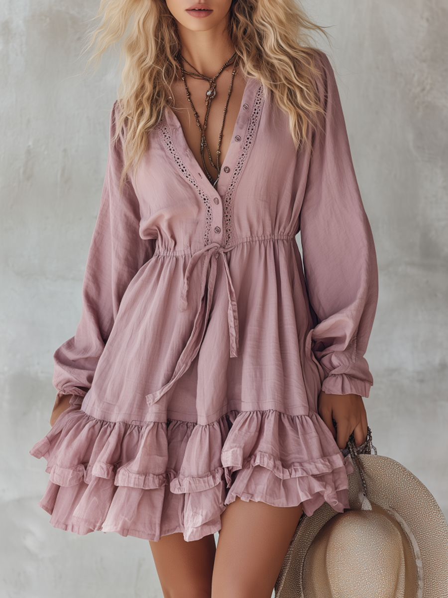 Vintage-style Casual Yet Elegant Western-inspired Lace-panel Ruffled Dress