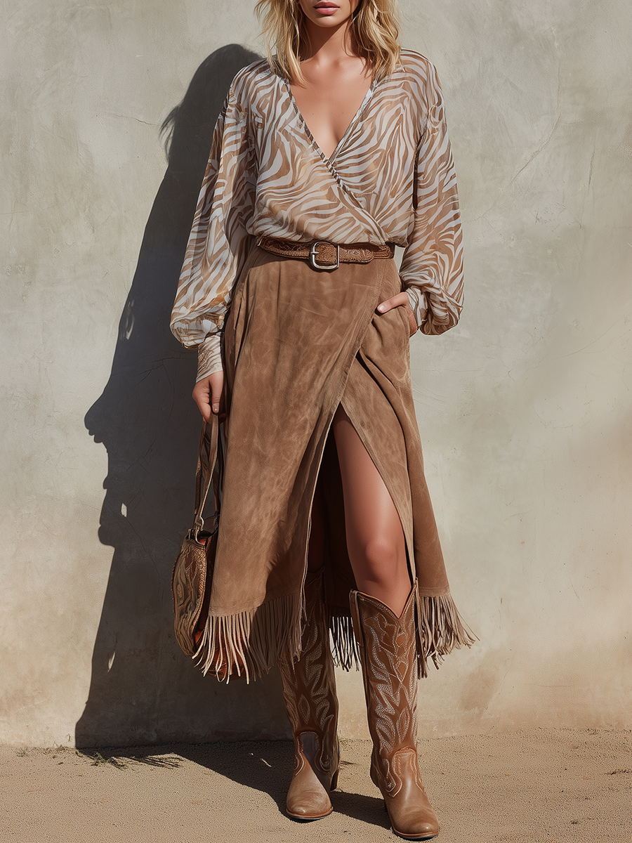 Retro-chic Western-style Printed Chiffon Blouse And Faux Suede Skirt Set