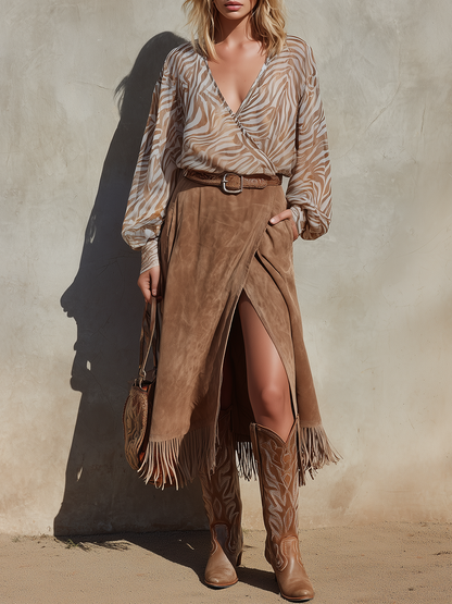 Retro-chic Western-style Printed Chiffon Blouse And Faux Suede Skirt Set