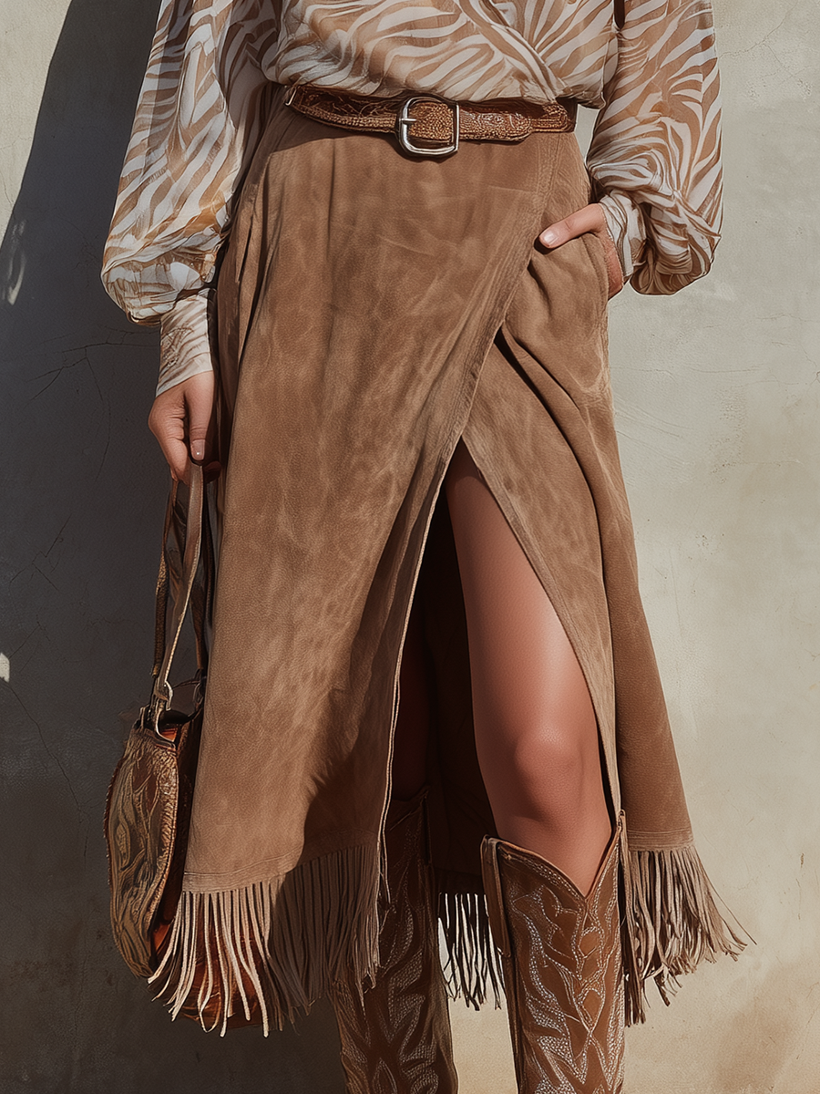 Retro-chic Western-style Printed Chiffon Blouse And Faux Suede Skirt Set