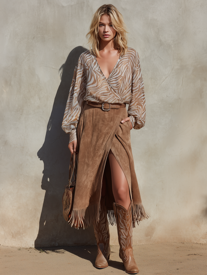 Retro-chic Western-style Printed Chiffon Blouse And Faux Suede Skirt Set