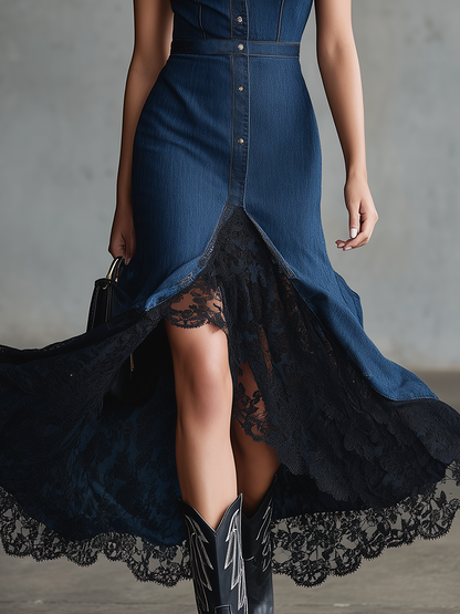 Western Lace-panel Denim Mermaid Dress