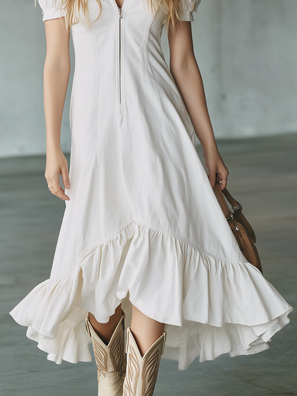 Casual Puff-sleeve Ruffle Denim Dress