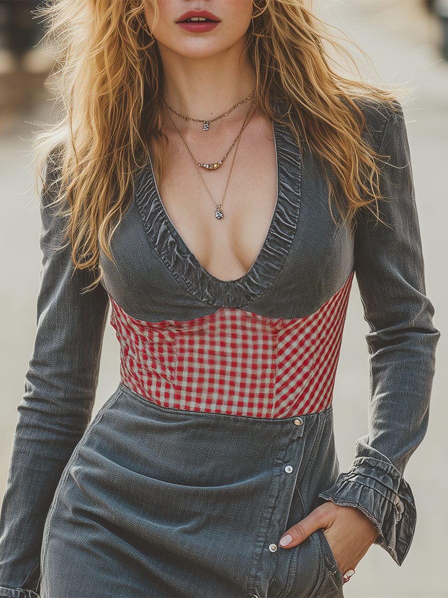 Vintage Plaid-panel Side-button Denim Dress