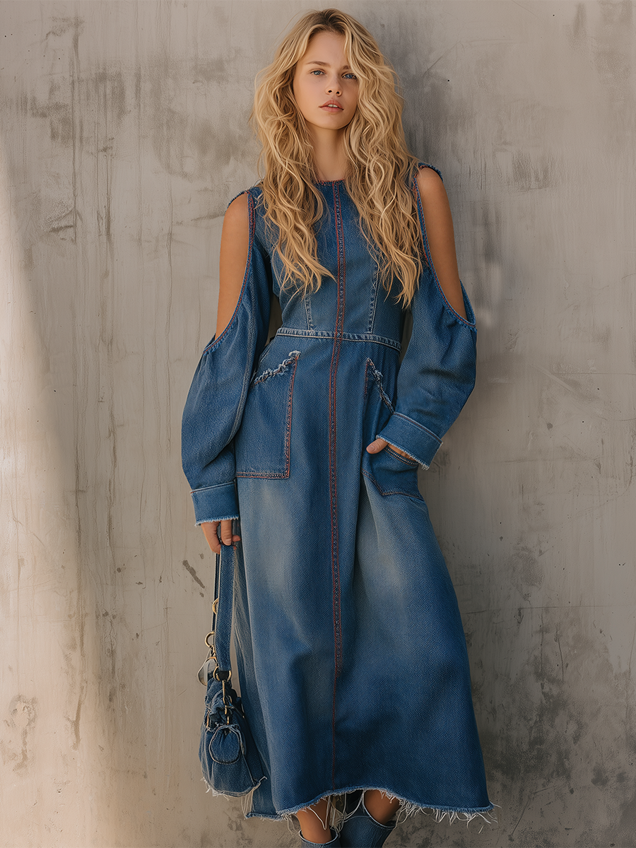 Vintage Off-shoulder Raw-edge Contrast Denim Midi Dress