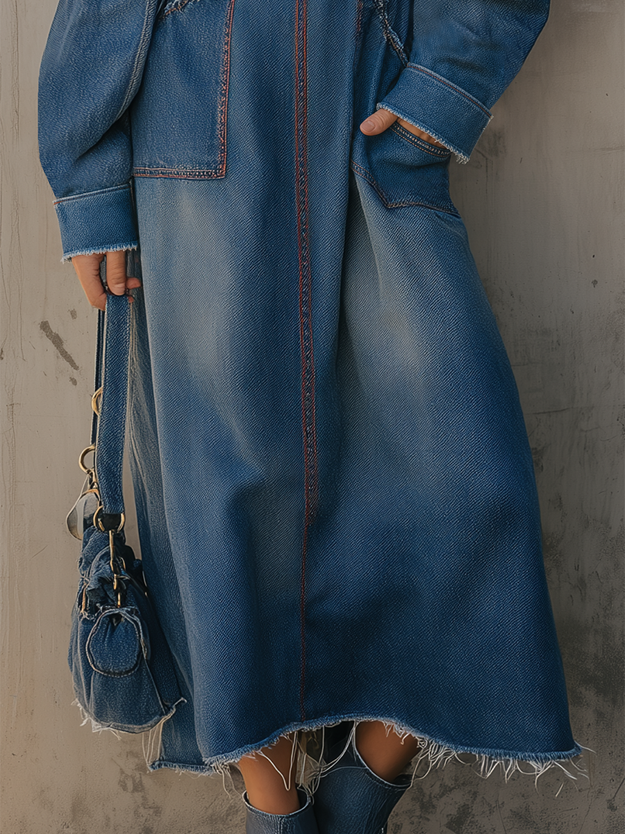 Vintage Off-shoulder Raw-edge Contrast Denim Midi Dress