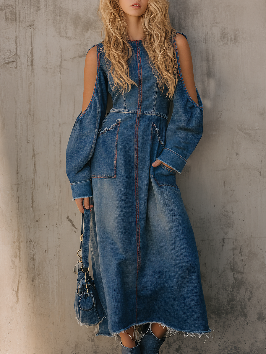 Vintage Off-shoulder Raw-edge Contrast Denim Midi Dress
