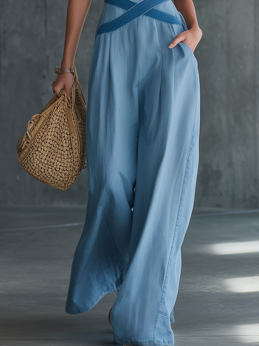 Light-Blue Deep-V Sleeveless Denim Jumpsuit – Contrast Crossover Waist Wide Leg
