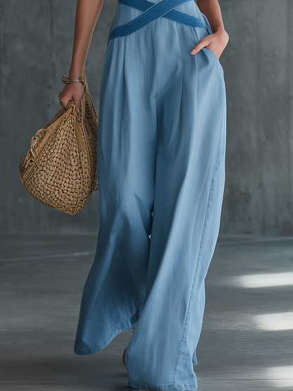 Light-Blue Deep-V Sleeveless Denim Jumpsuit – Contrast Crossover Waist Wide Leg