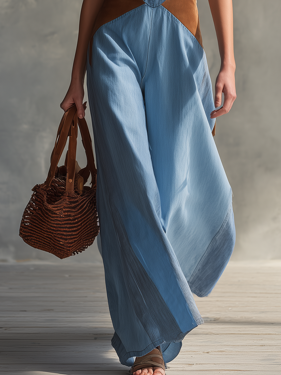 Light-Blue Sleeveless Deep-V Denim Jumpsuit – Suede Colorblock Wide-Leg