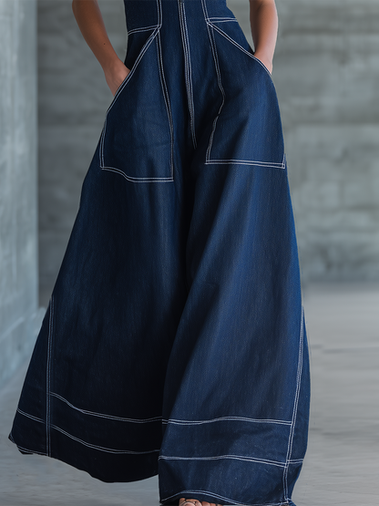 Sleeveless Deep-V Denim Jumpsuit – Zip Front Contrast Topstitch Flared Wide-Leg