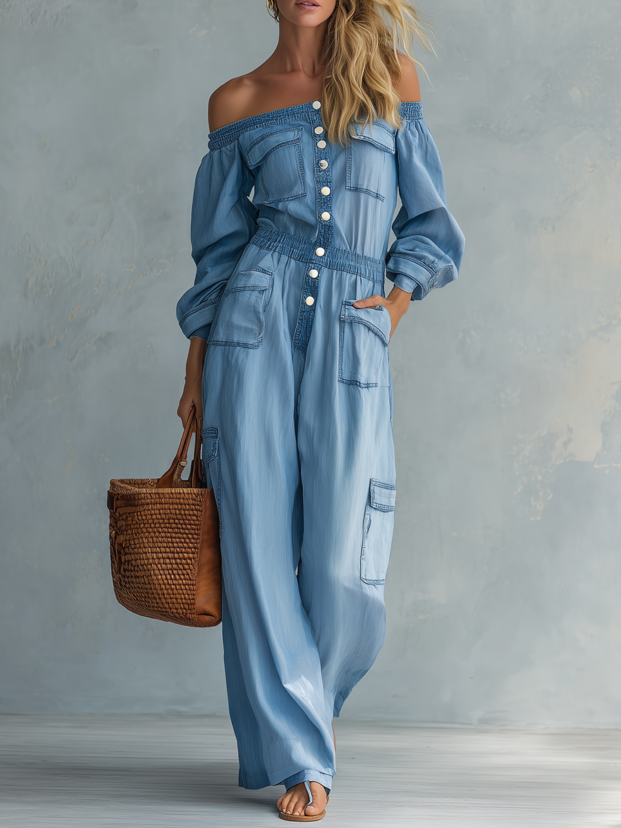 Boho Denim Jumpsuit – Off-Shoulder Button-Up Cargo Pockets Loose Wide Leg
