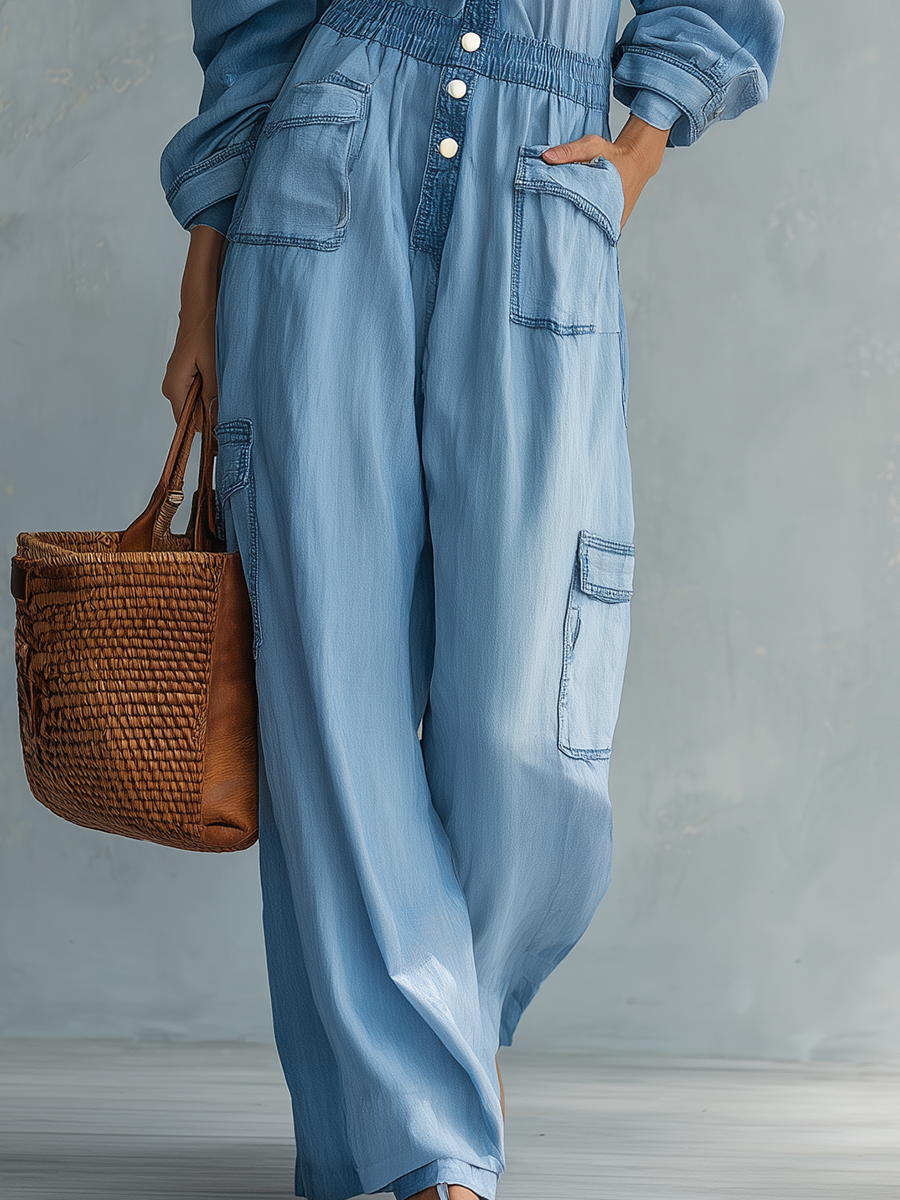 Boho Denim Jumpsuit – Off-Shoulder Button-Up Cargo Pockets Loose Wide Leg