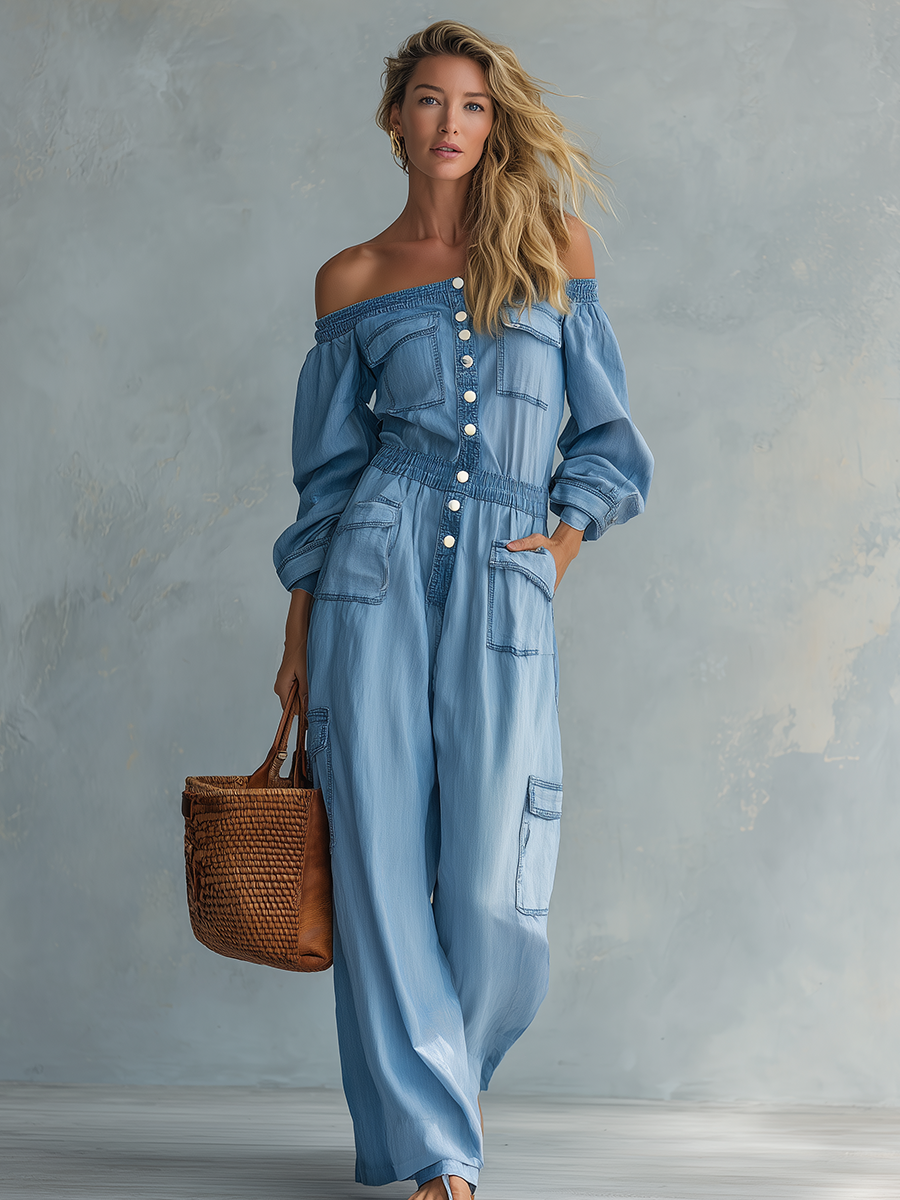 Boho Denim Jumpsuit – Off-Shoulder Button-Up Cargo Pockets Loose Wide Leg