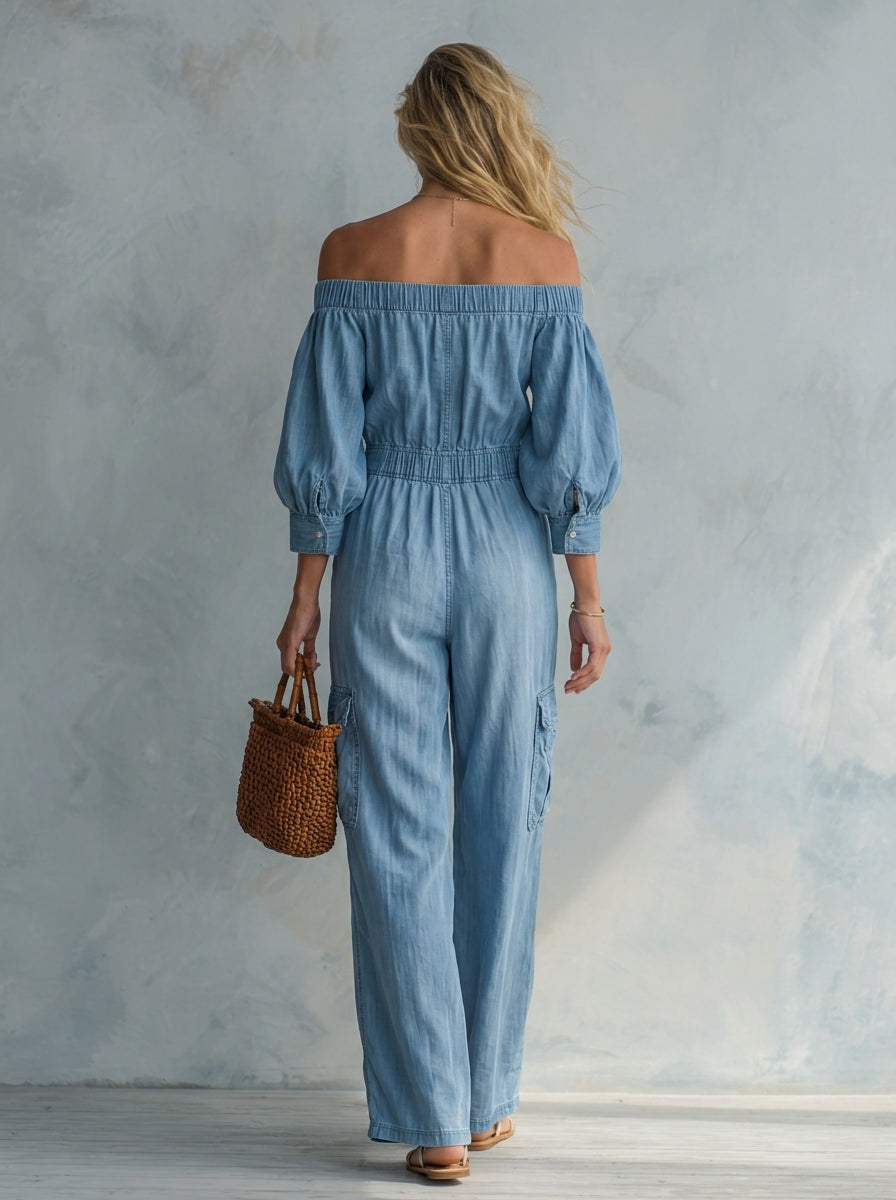 Boho Denim Jumpsuit – Off-Shoulder Button-Up Cargo Pockets Loose Wide Leg