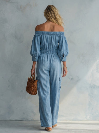 Boho Denim Jumpsuit – Off-Shoulder Button-Up Cargo Pockets Loose Wide Leg
