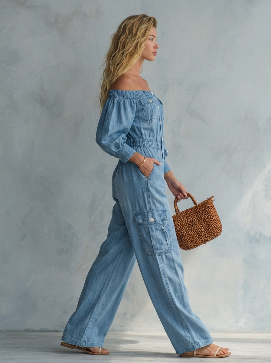 Boho Denim Jumpsuit – Off-Shoulder Button-Up Cargo Pockets Loose Wide Leg