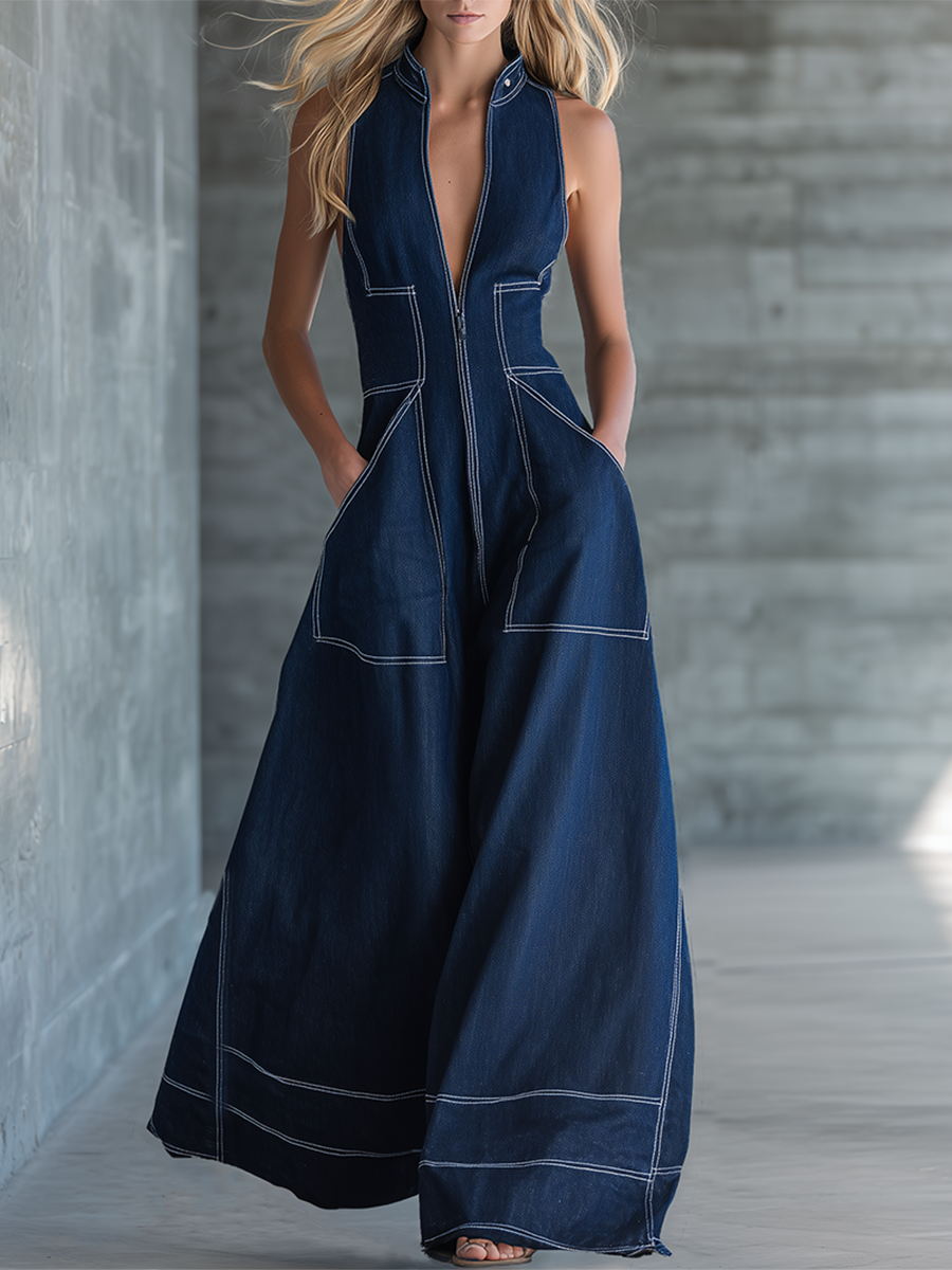 Sleeveless Deep-V Denim Jumpsuit – Zip Front Contrast Topstitch Flared Wide-Leg