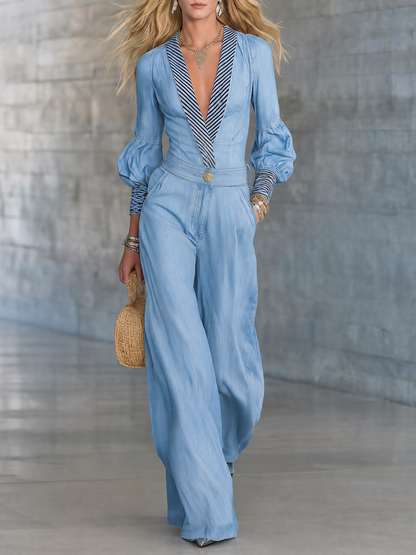 Light-Blue Deep-V Denim Jumpsuit – Striped Trim Puff Sleeve Wide-Leg Flowy