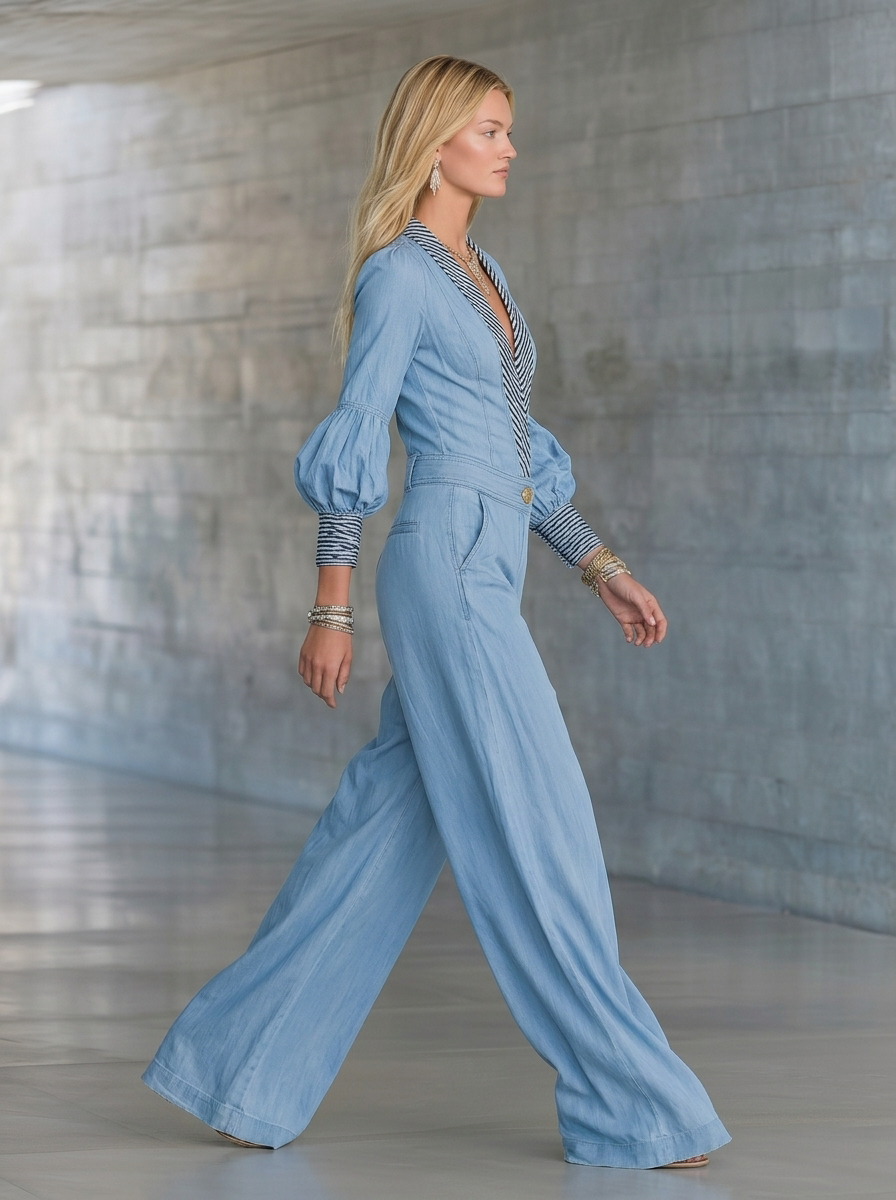 Light-Blue Deep-V Denim Jumpsuit – Striped Trim Puff Sleeve Wide-Leg Flowy