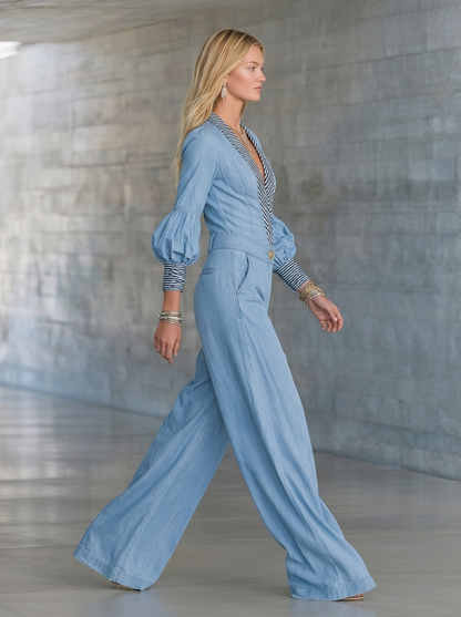 Light-Blue Deep-V Denim Jumpsuit – Striped Trim Puff Sleeve Wide-Leg Flowy