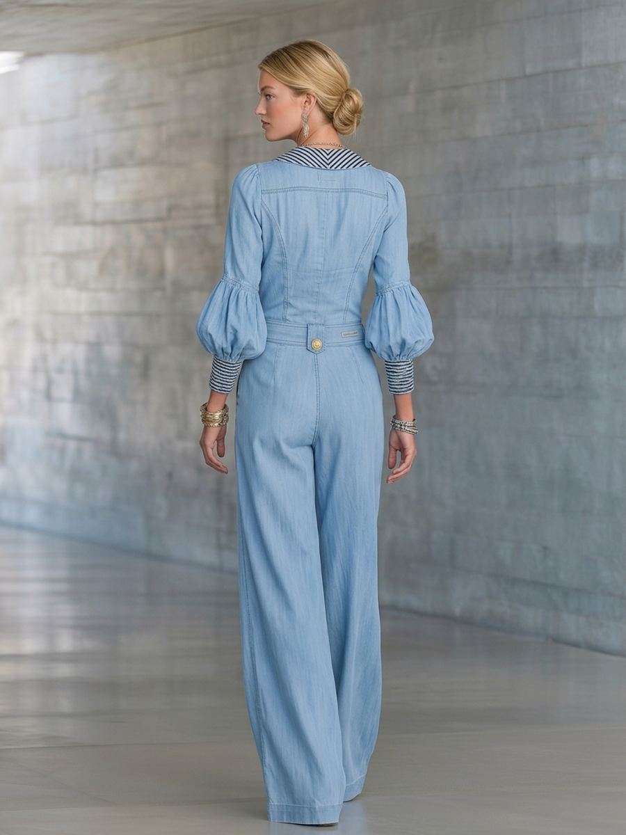 Light-Blue Deep-V Denim Jumpsuit – Striped Trim Puff Sleeve Wide-Leg Flowy