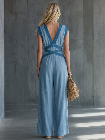 Light-Blue Deep-V Sleeveless Denim Jumpsuit – Contrast Crossover Waist Wide Leg