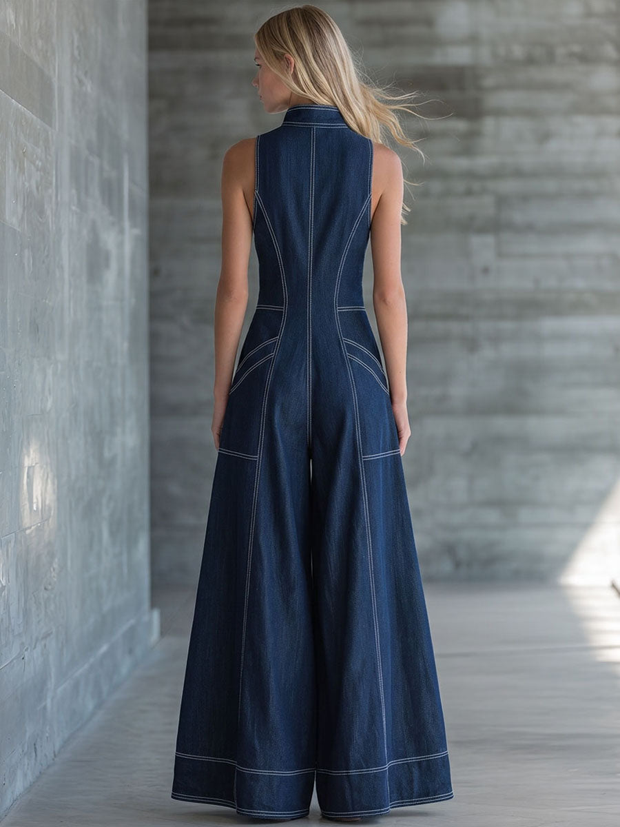 Sleeveless Deep-V Denim Jumpsuit – Zip Front Contrast Topstitch Flared Wide-Leg