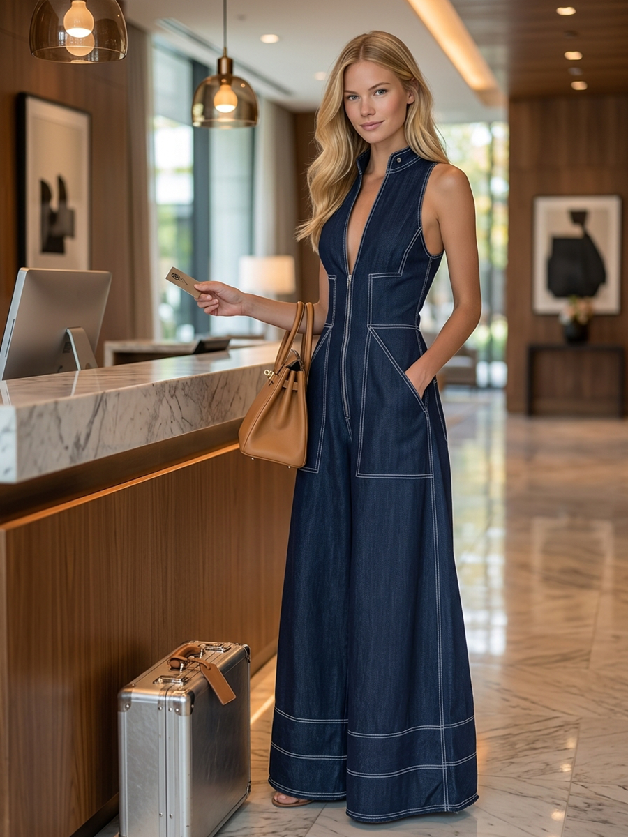 Sleeveless Deep-V Denim Jumpsuit – Zip Front Contrast Topstitch Flared Wide-Leg