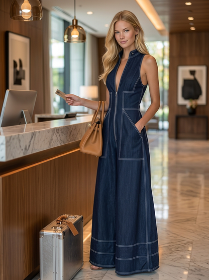 Sleeveless Deep-V Denim Jumpsuit – Zip Front Contrast Topstitch Flared Wide-Leg