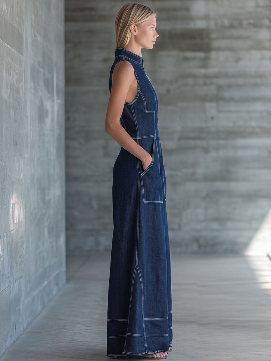 Sleeveless Deep-V Denim Jumpsuit – Zip Front Contrast Topstitch Flared Wide-Leg