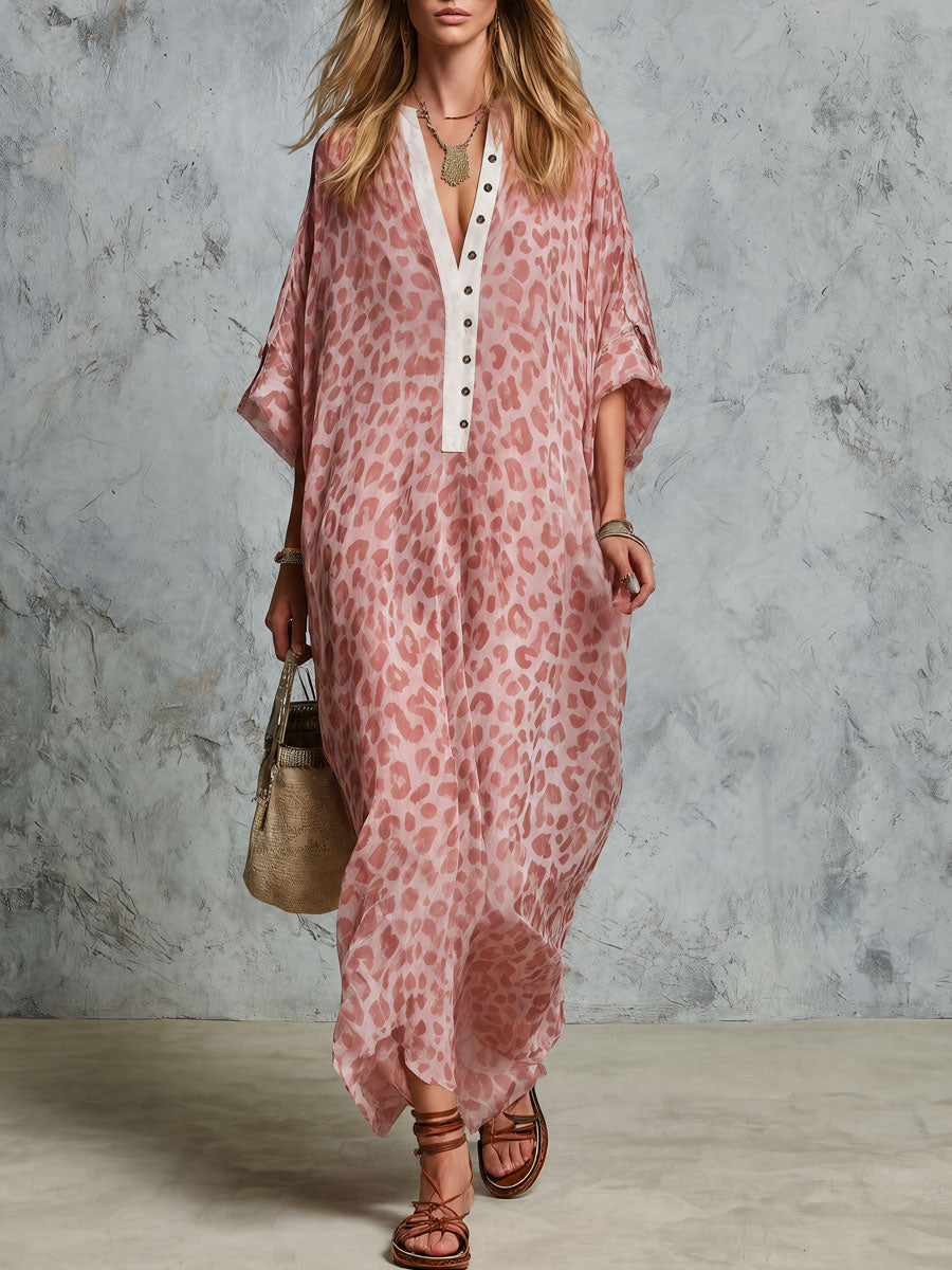 Western Retro Pink Leopard Print V-Neck Three-Quarter Sleeve Chiffon Maxi Dress