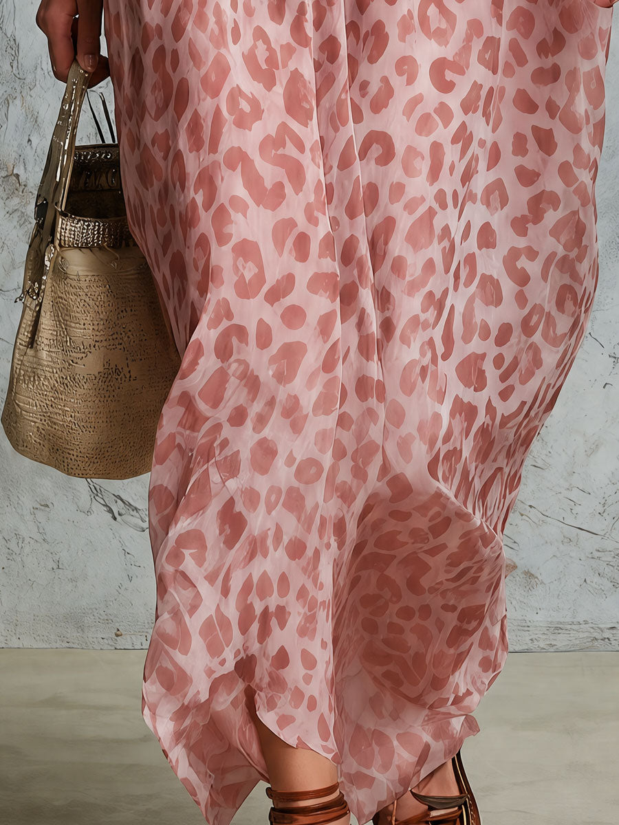 Western Retro Pink Leopard Print V-Neck Three-Quarter Sleeve Chiffon Maxi Dress