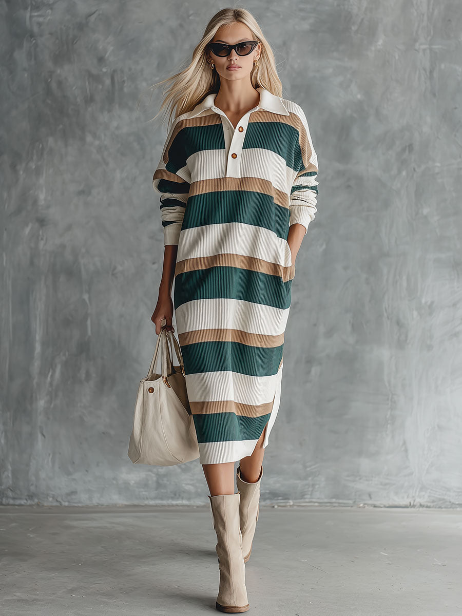 Casual Retro Color-blocked Collared Long-sleeved Slit Knit Midi Dress