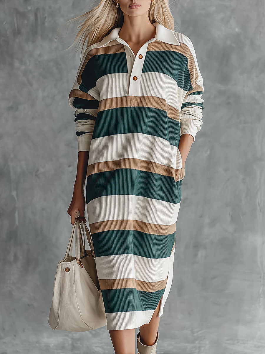 Casual Retro Color-blocked Collared Long-sleeved Slit Knit Midi Dress