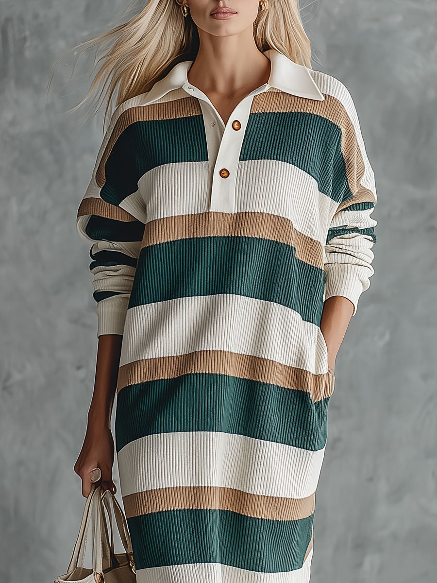 Casual Retro Color-blocked Collared Long-sleeved Slit Knit Midi Dress