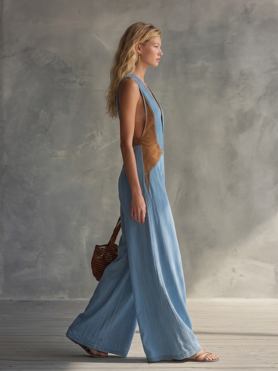Light-Blue Sleeveless Deep-V Denim Jumpsuit – Suede Colorblock Wide-Leg